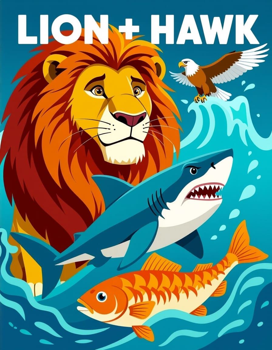 Lion, Hawk, Shark, and Fish in Surreal Combination