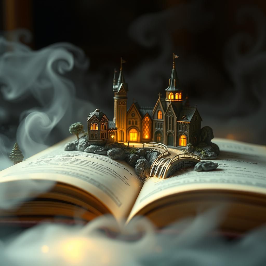 Art Deco Miniature Town on Book, Dreamy Watercolors