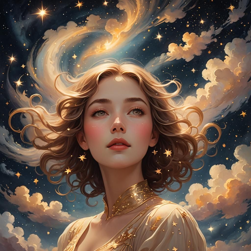 Dreamlike Woman Floating in Zaffre Starry Night