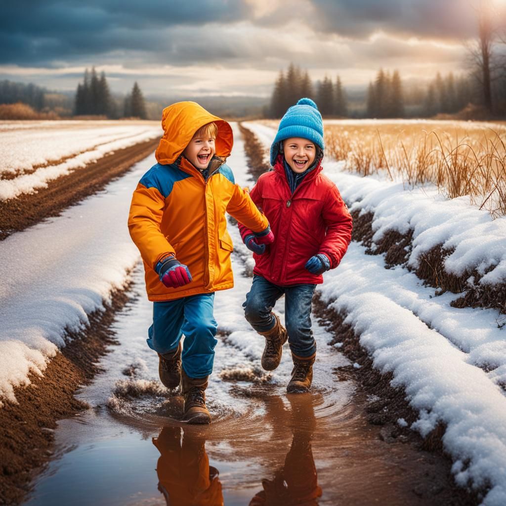 Children Play in Snowy Country Puddles: Hyperrealistic Art