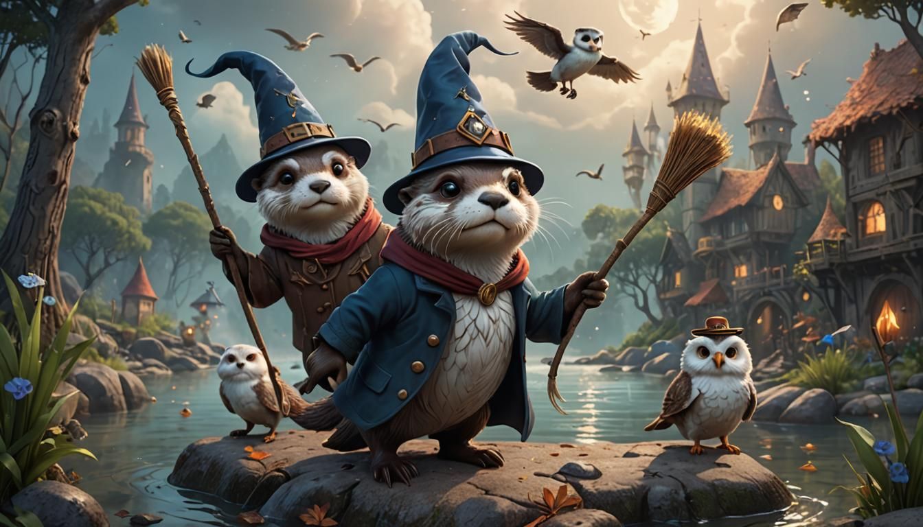 Otter Wizard and Owl in Pixar Style