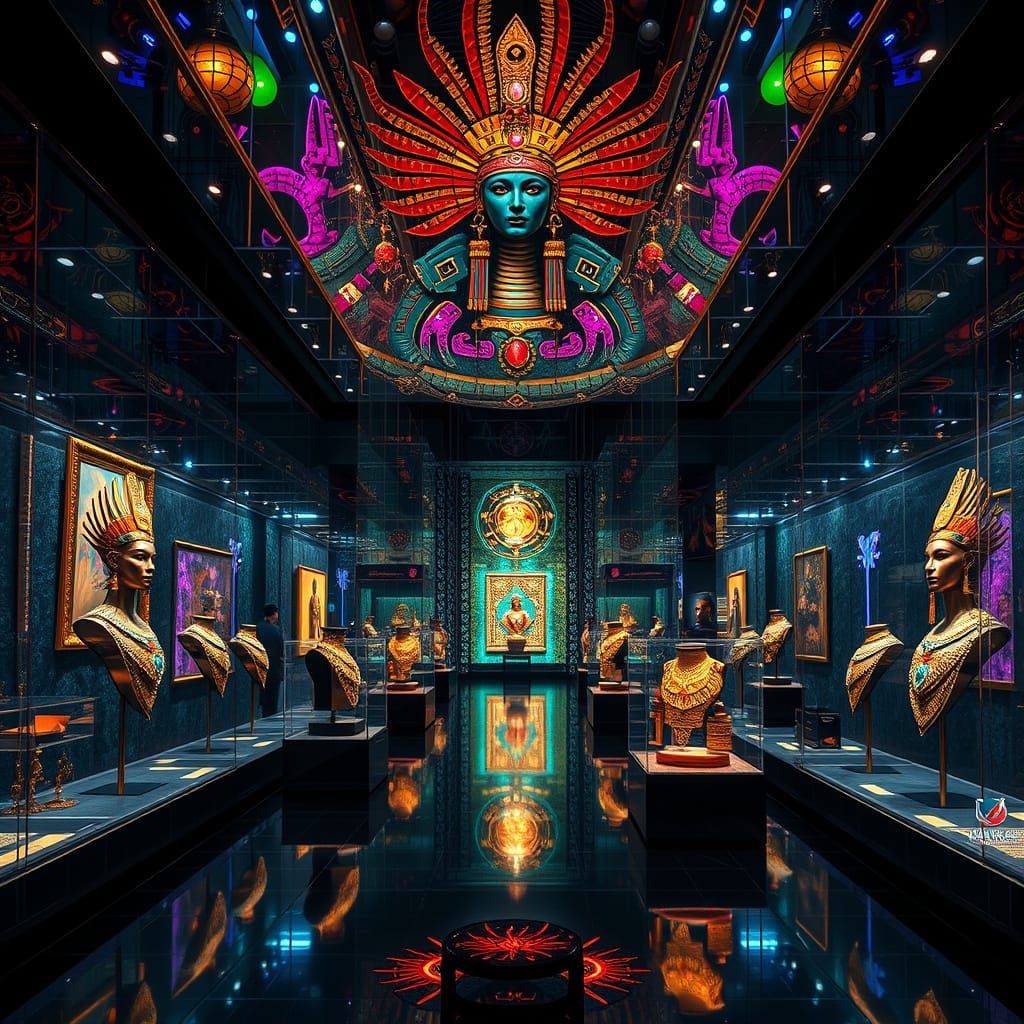 Surreal Futuristic Aztec Art Gallery with Majestic Glass Exh...