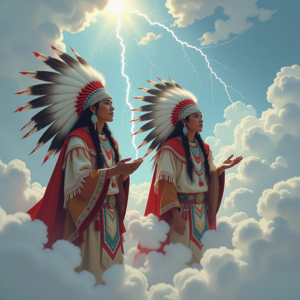Indigenous Brothers Summoning Thunder in Futuristic Realism