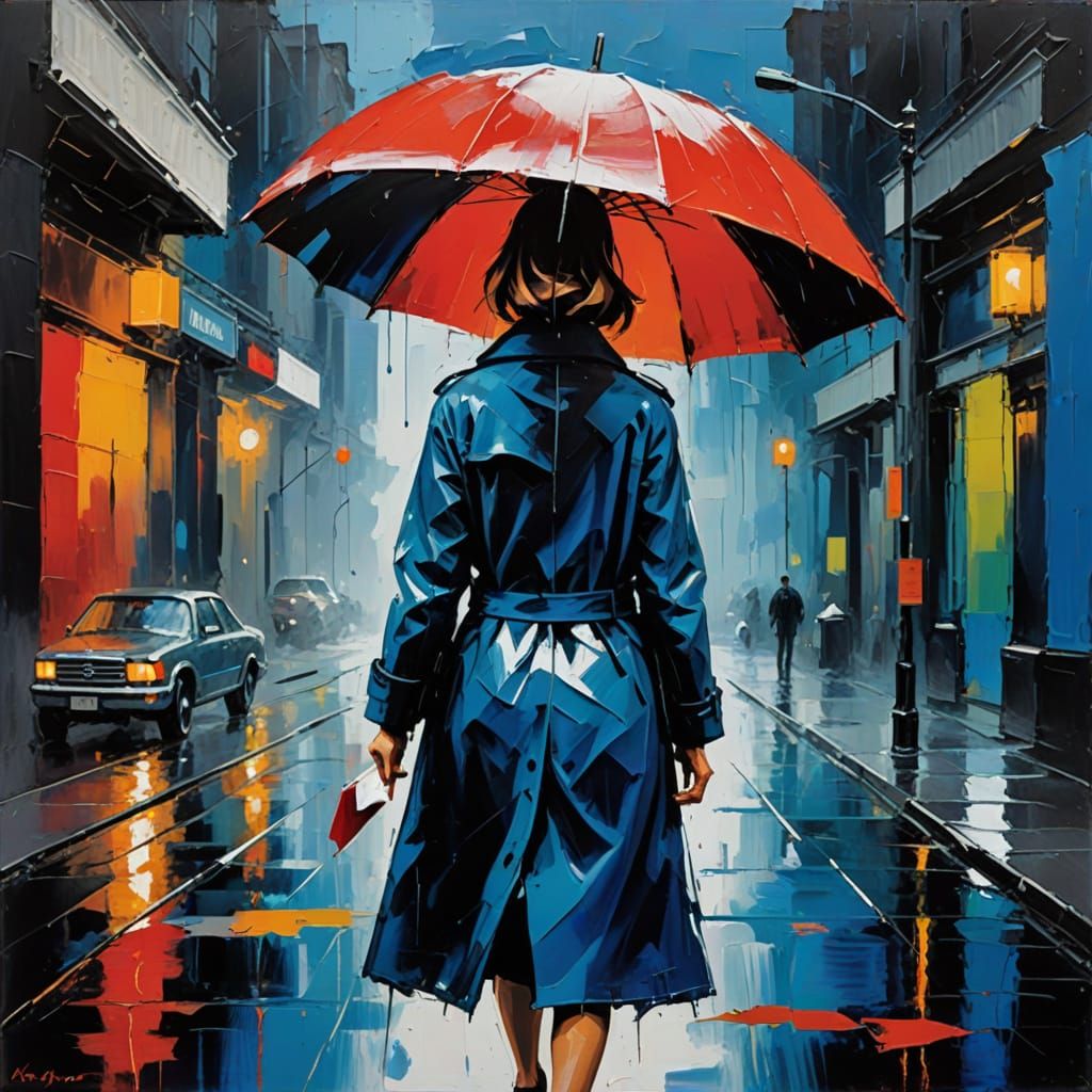 Vibrant Rainy Night Scene in Expressive Brushstrokes