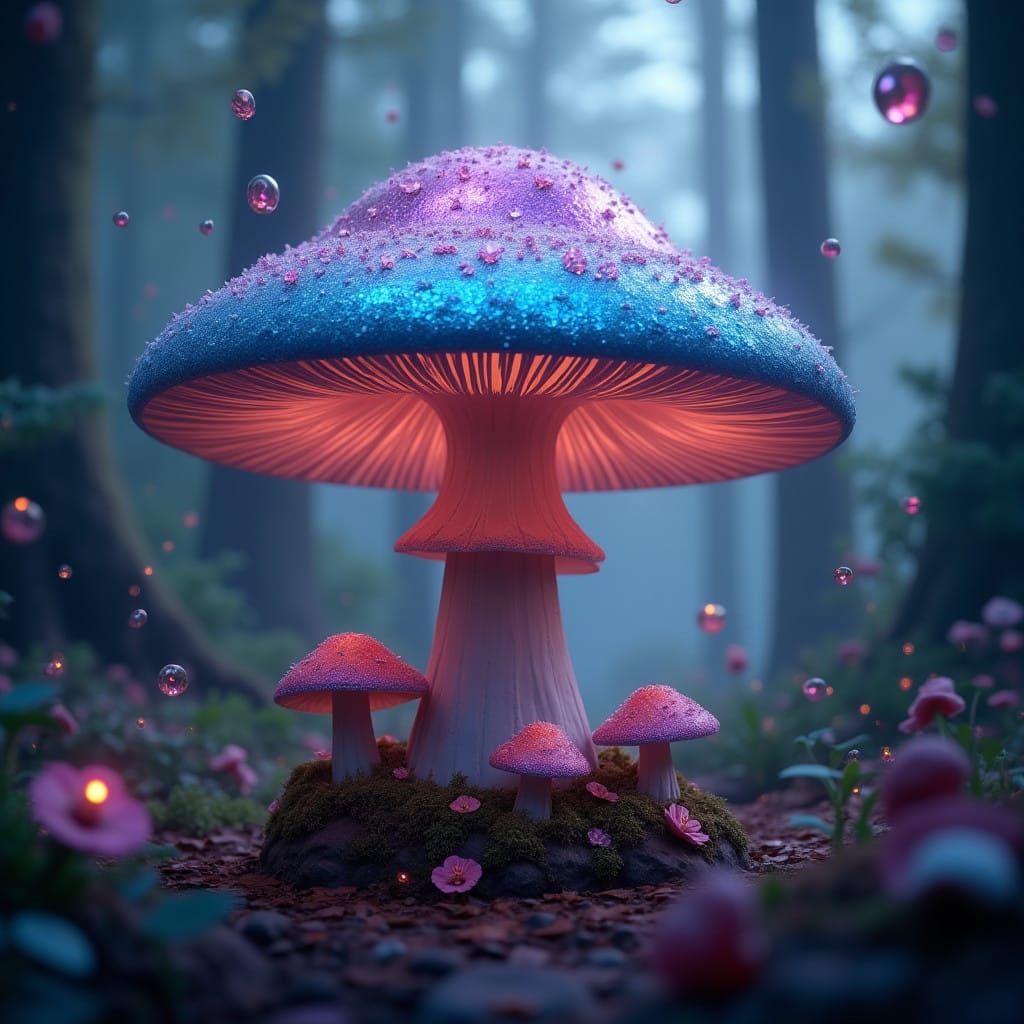 Majestic, Iridescent Mushroom Rises from the Forest Floor in...