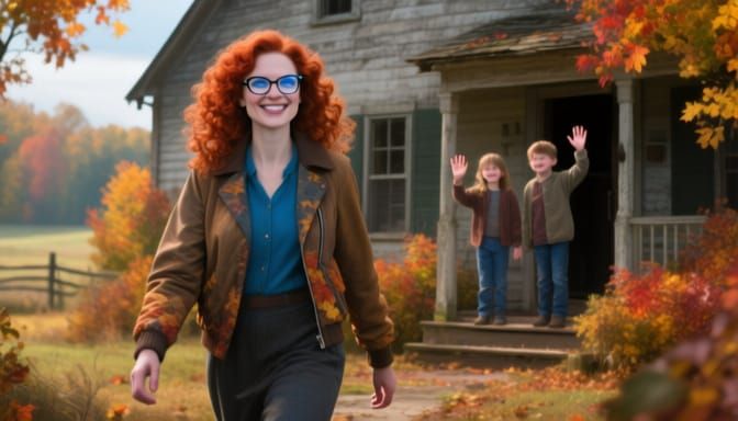 Autumnal Farmhouse Scene with Waving Children