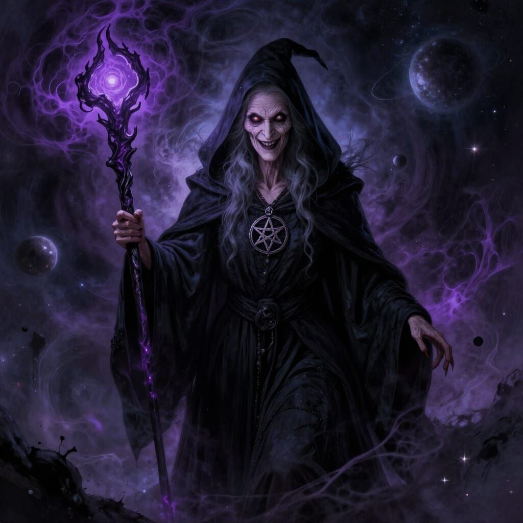 Ancient Witch Casting Shadow Magic in Cosmic Void