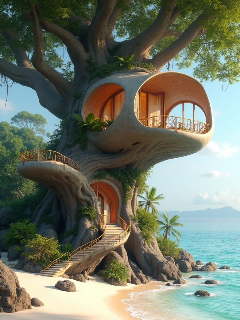Whimsical Treehouse in a Beachside Tree Trunk