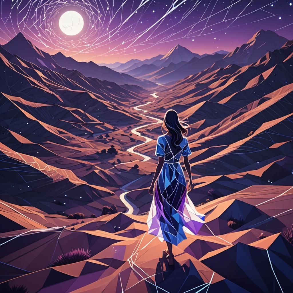 Geometric Low-Poly Art: Girl in Unraveling Valley