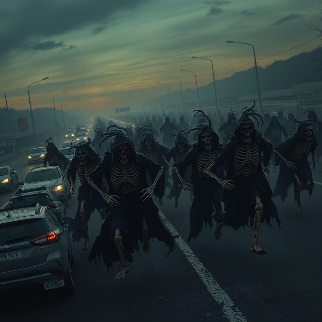 Eerie Skeletons Flood Abandoned Highway in Gothic Style