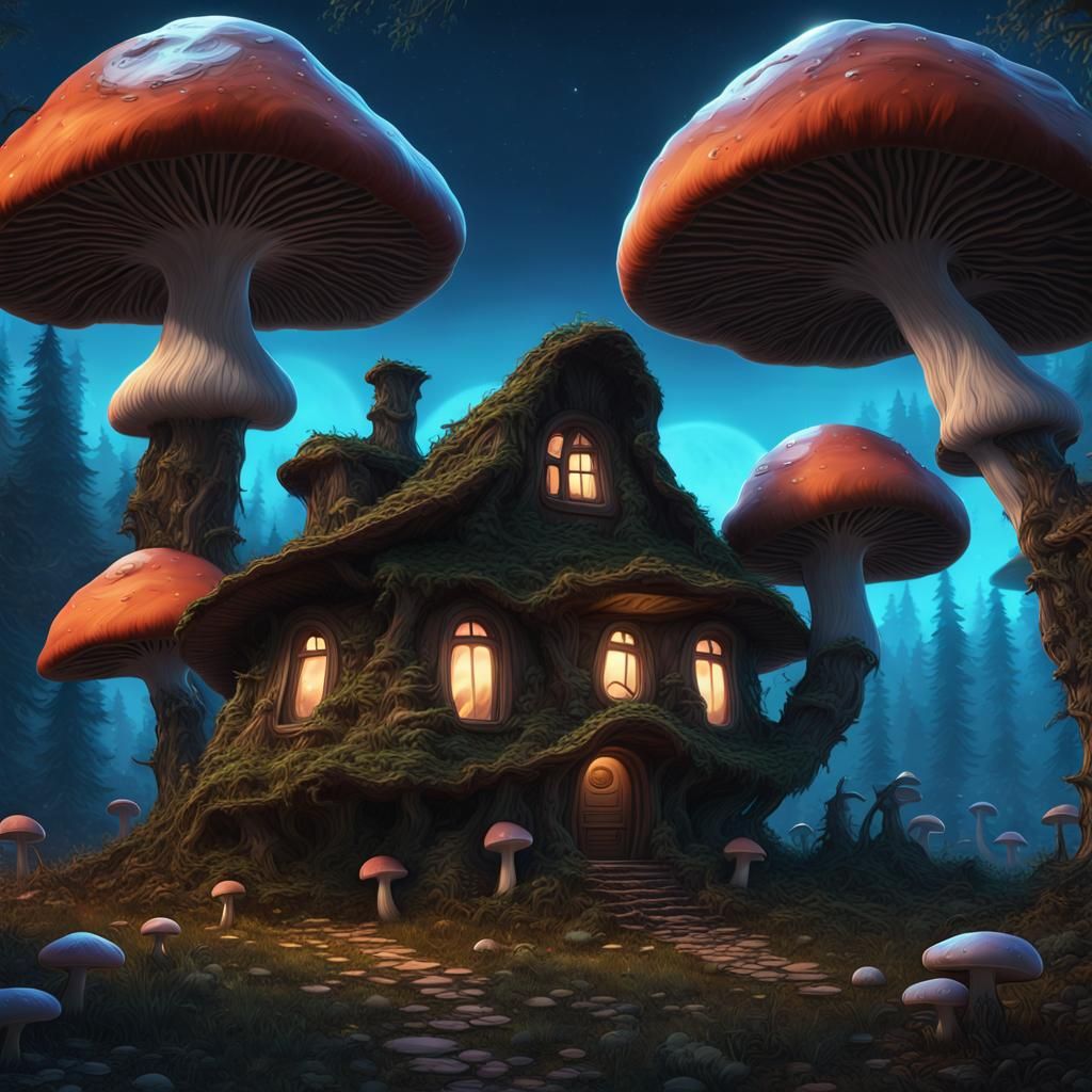 Mushroom House on Alien World: Dark Fantasy Art