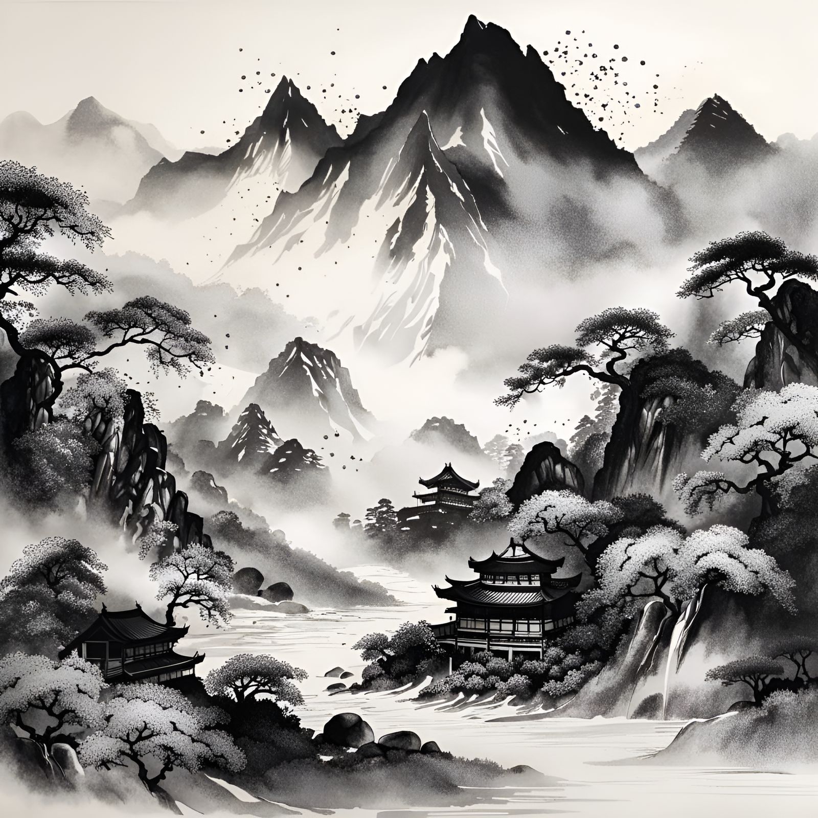 Black and White Japanese Ink Mountain Drawing