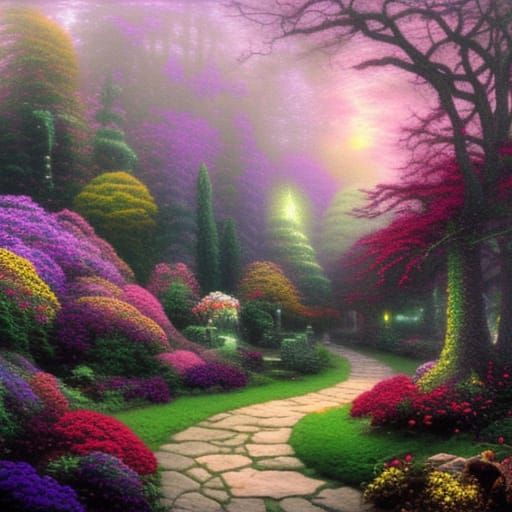 Ethereal Garden of the Unknown in Kinkade Style
