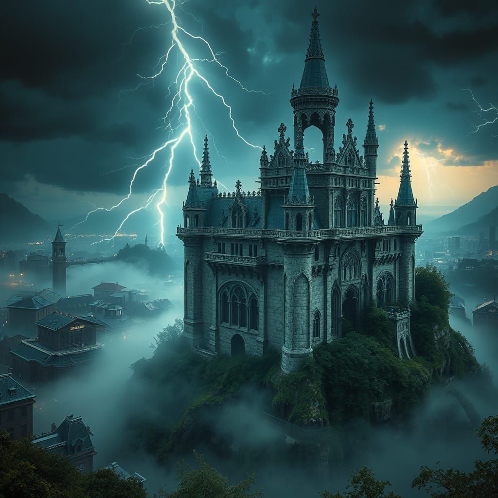 Ruined Castle in Lightning Storm, Hyperrealistic Digital Art