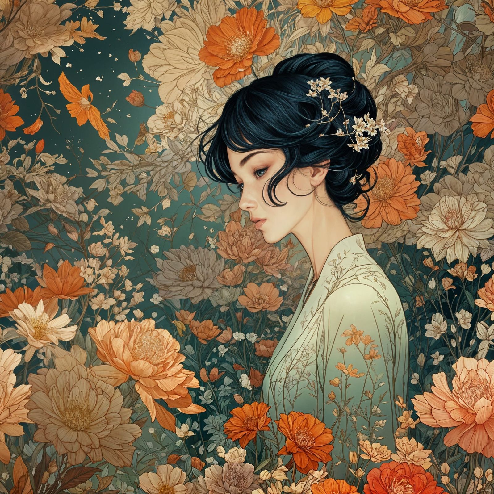 Radiant Floral Portrait in Pointillism Style