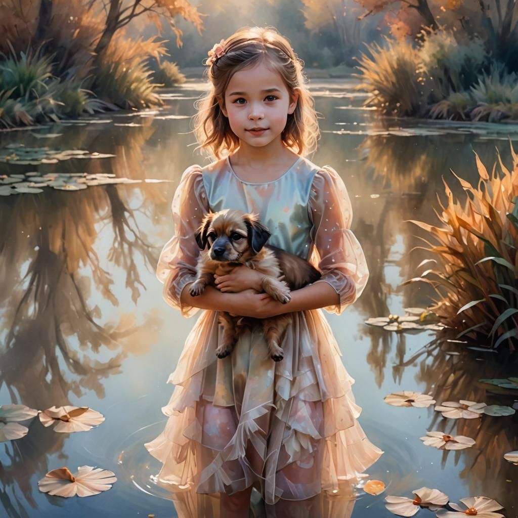 Girl with Dog in Misty Autumn Light, Watercolor Style