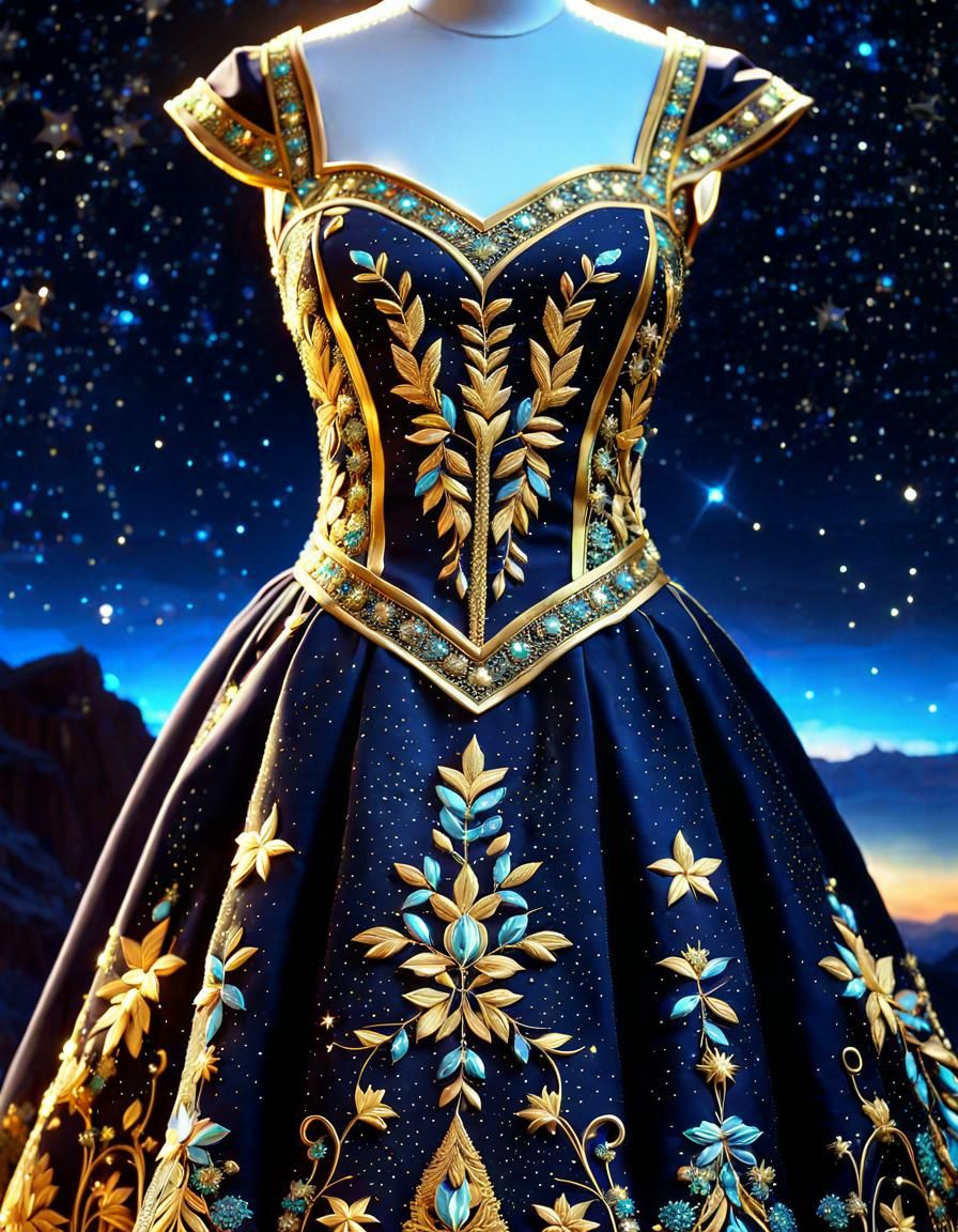 Golden Dress with Sparkling Embroidery and Starry Sky