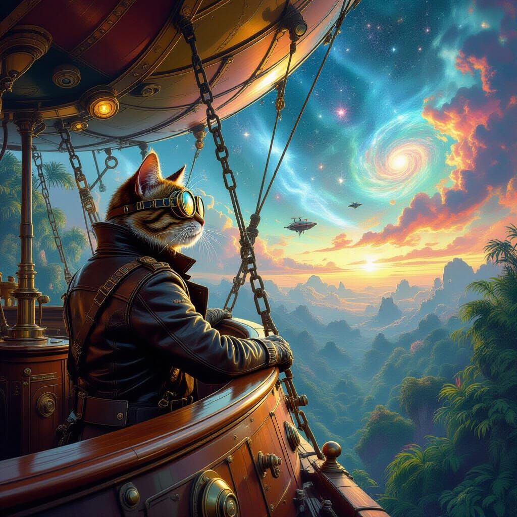 Airship Cat Captain Navigating Alien Jungle