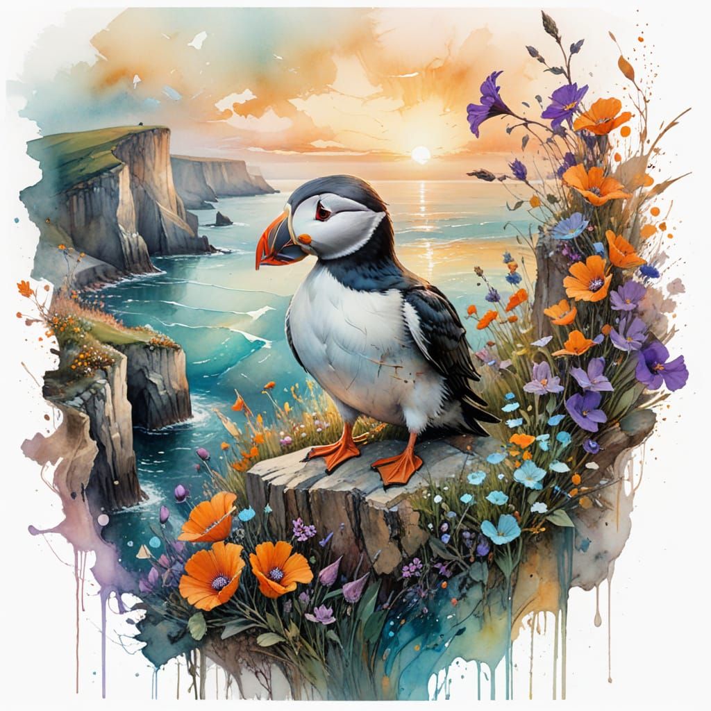 Puffin on Coastal Cliffs at Sunset, Watercolor Art