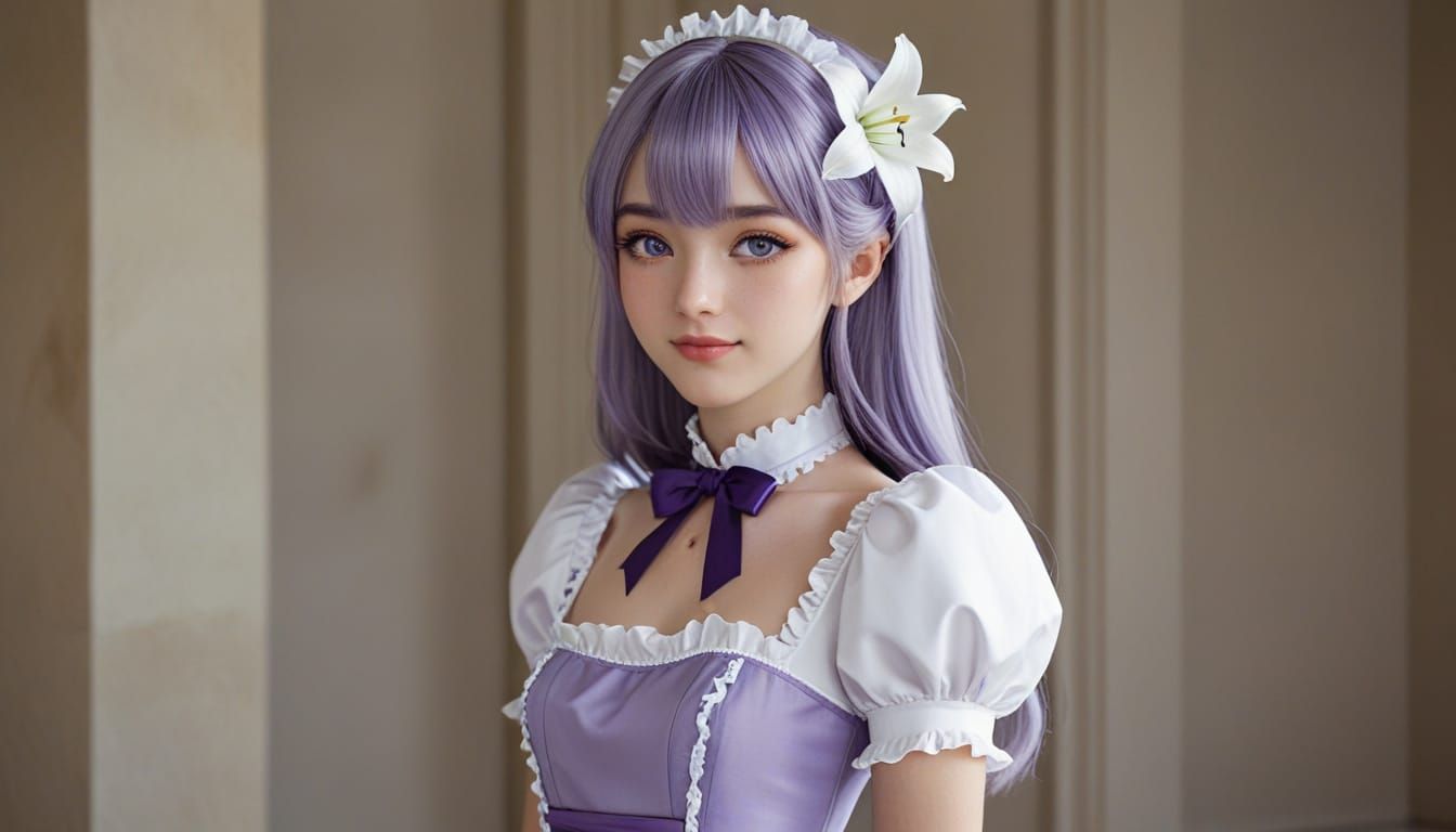 Anime-Style Noble Girl with Lily and Lavender Dress