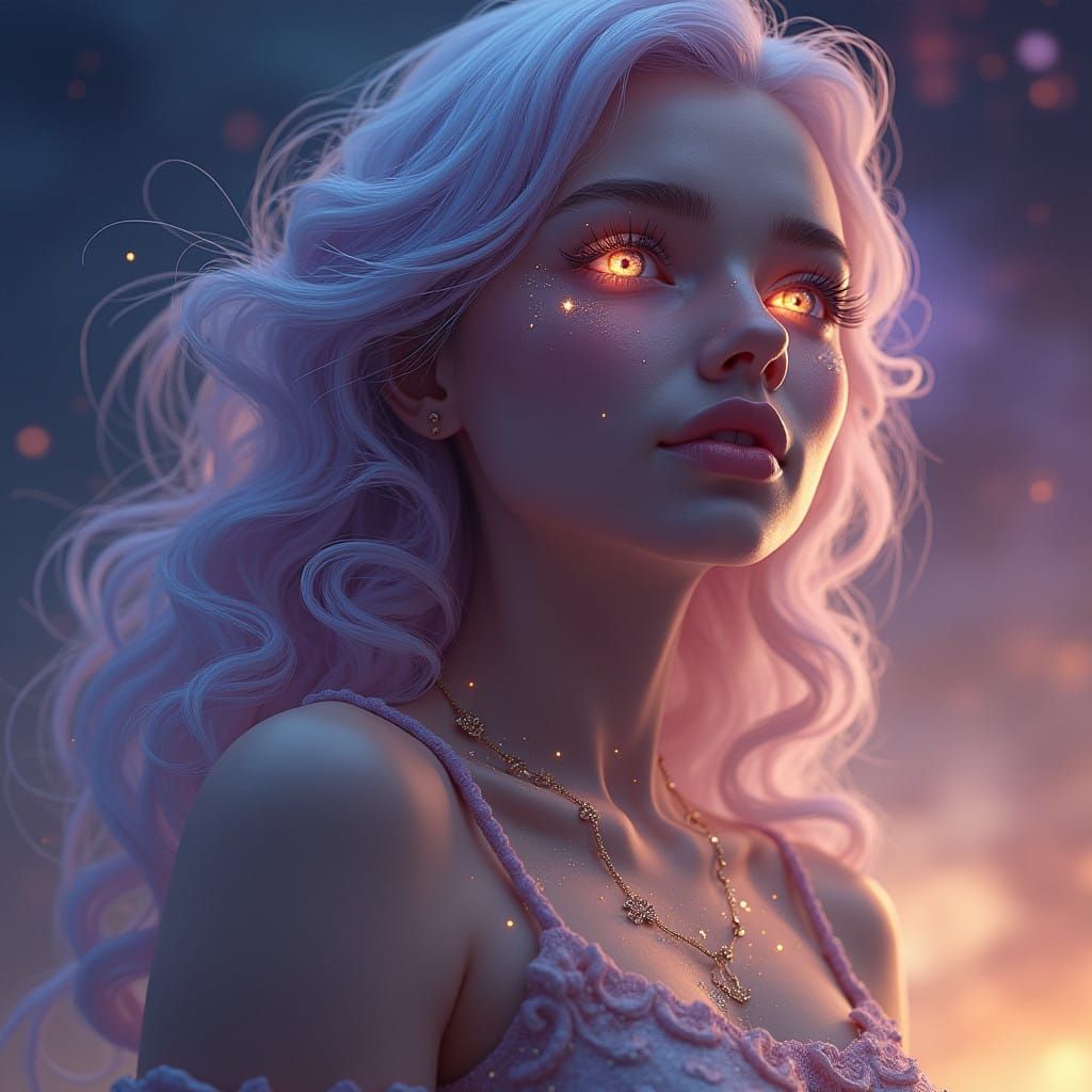 Enchanting Cosmic Goddess with Galacti Eyes in Ethereal Nebu...