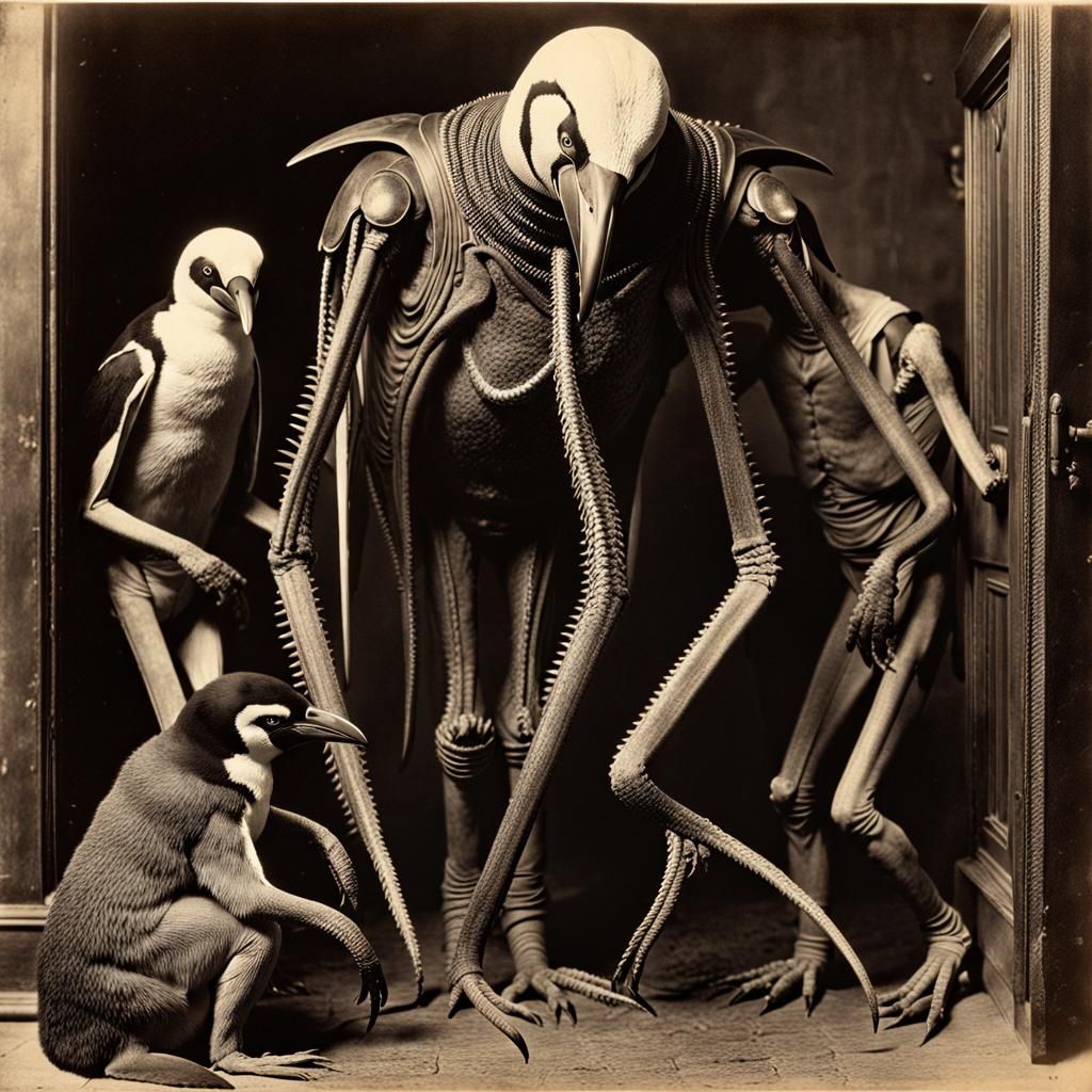 Nightmarish Penguin Observes Crawling Horrors in Sepia