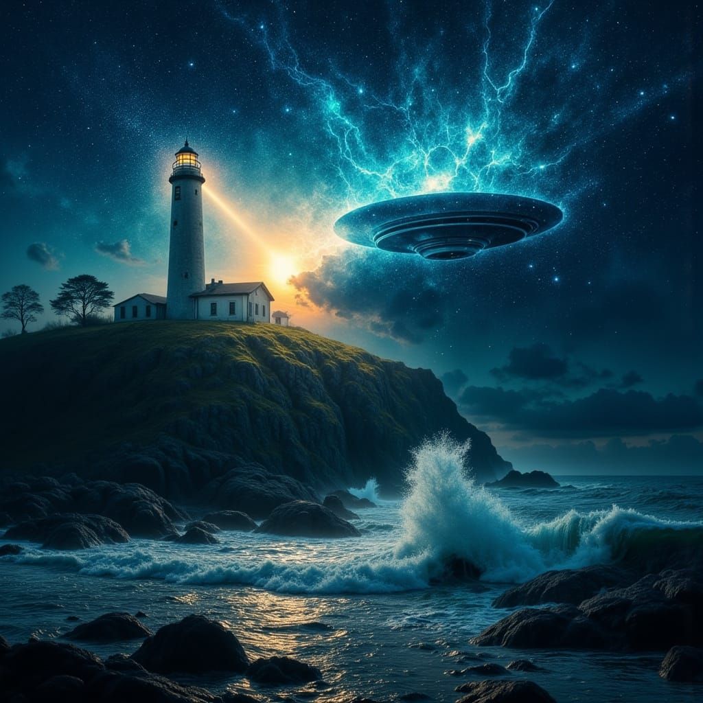 Surreal Lighthouse Guides UFO in Abstract Double Exposure