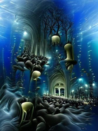 Surreal Underwater Cathedral in the Deep Ocean