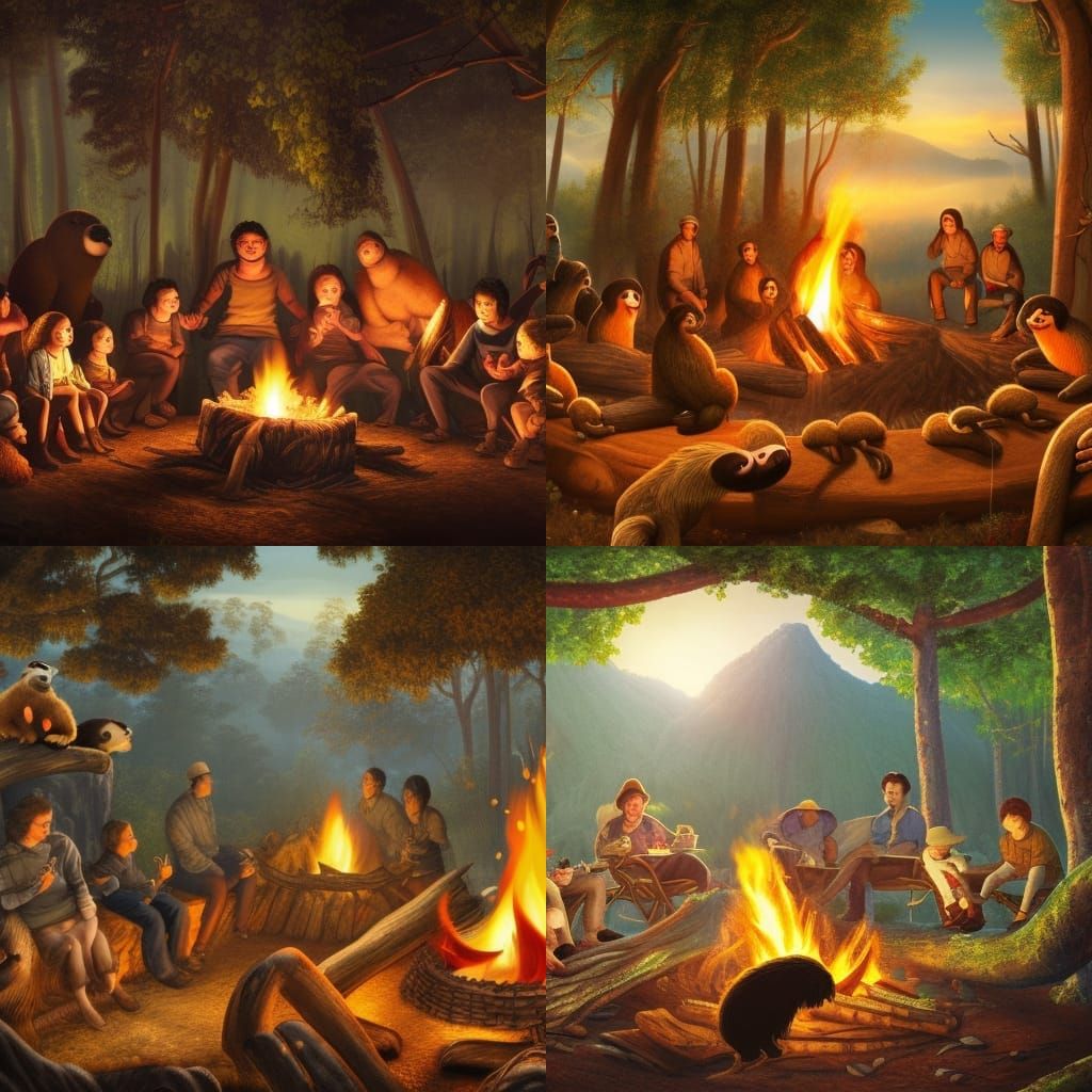 Sloths in French Clothing Around Campfire