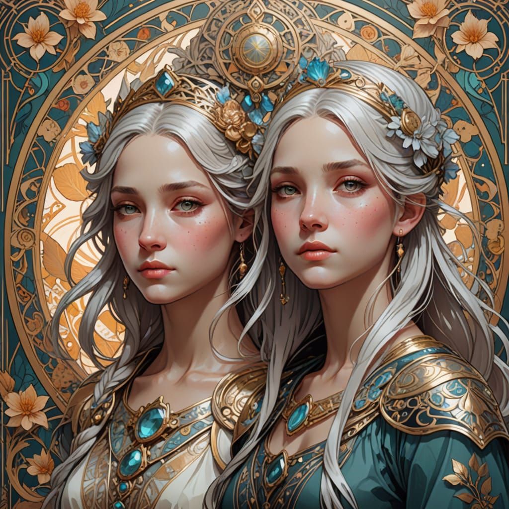 Ethereal Twins with Silver Crowns in Soft, Triadic Lighting