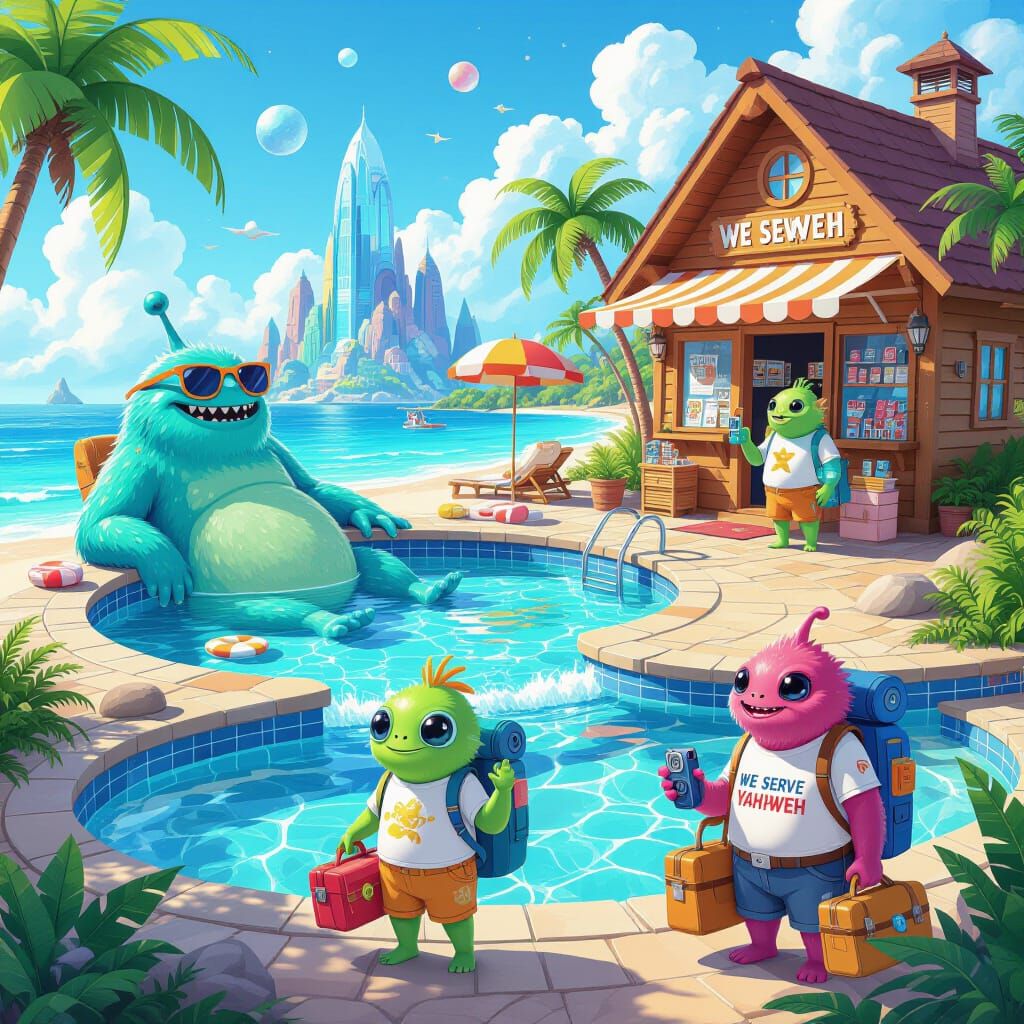 Whimsical Alien Monsters Relaxing at Cosmic Resort