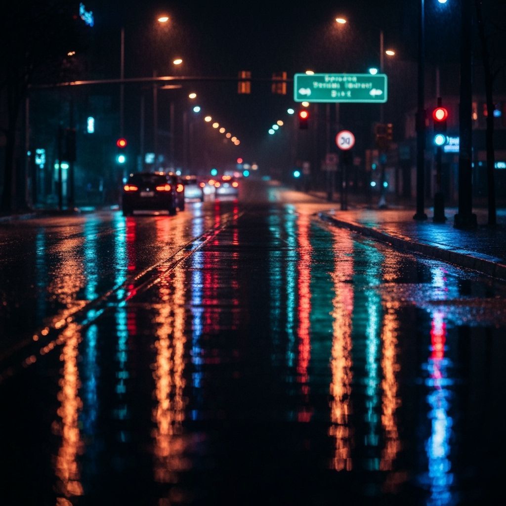 Rainy City Street at Night with Neon Reflections