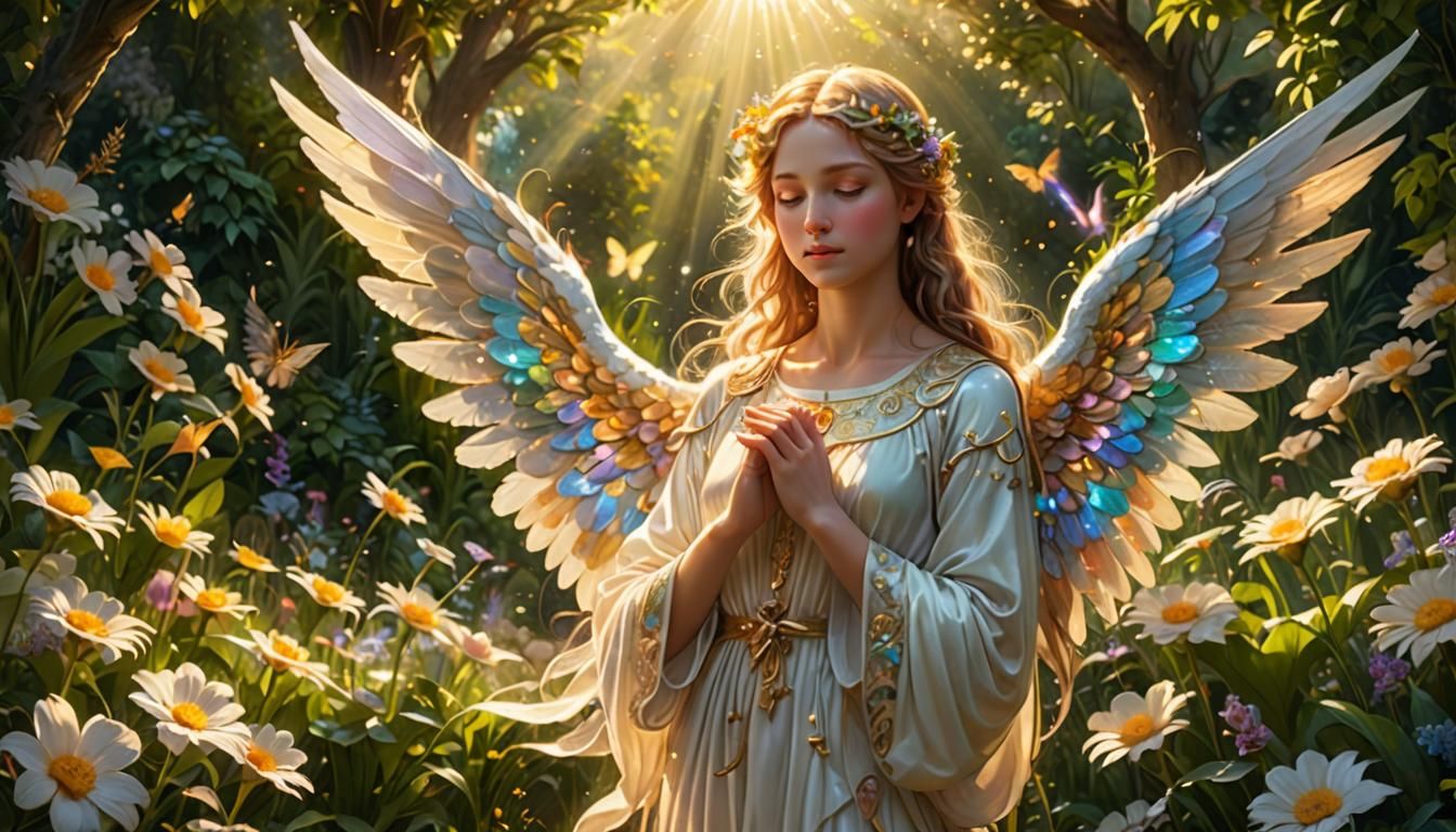Angelic Being in Lush Garden: Hyperrealistic Digital Art