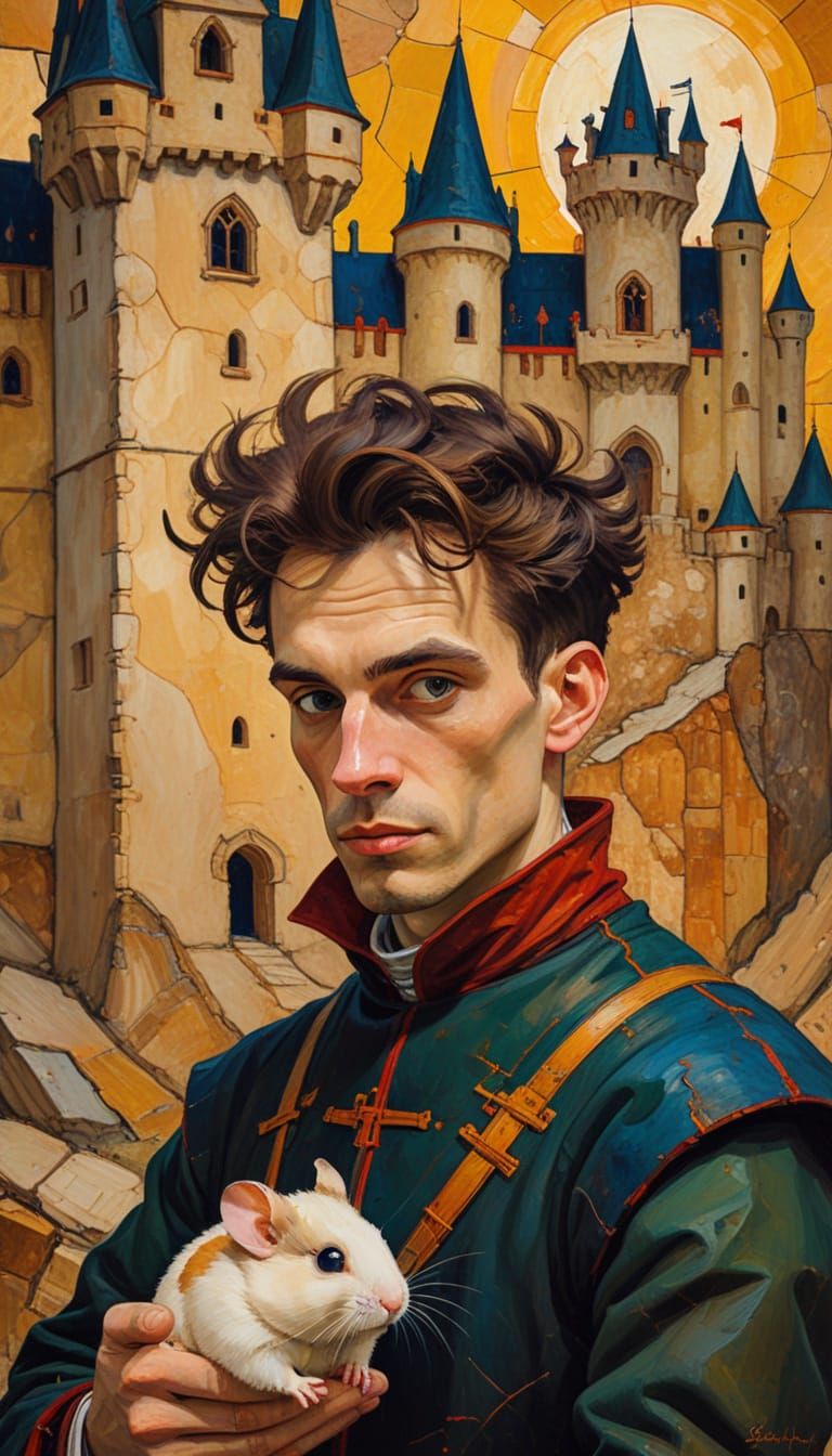 Absurdist Medieval Hamster Painting in Egon Schiele Style