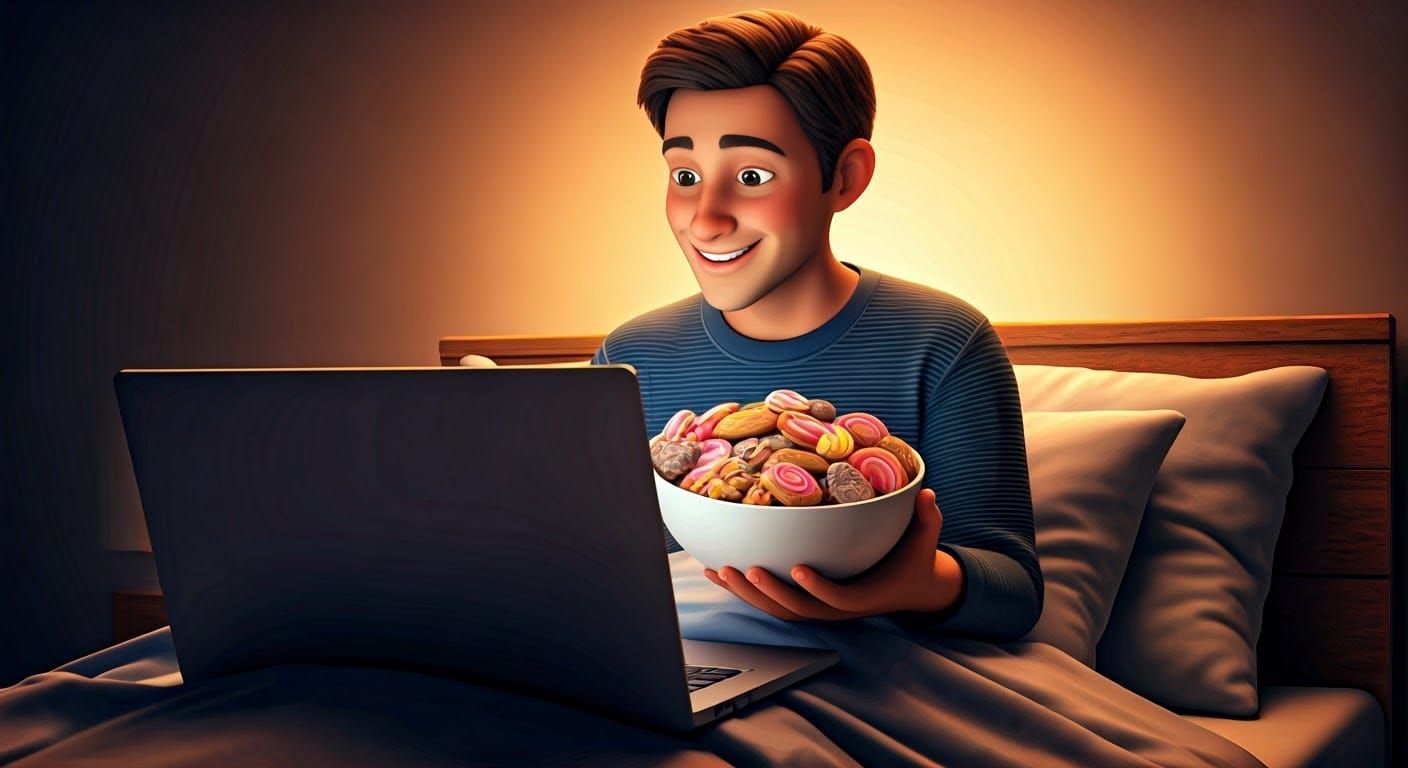 Joyful Man Enjoys Cookies and Laptop in Bed