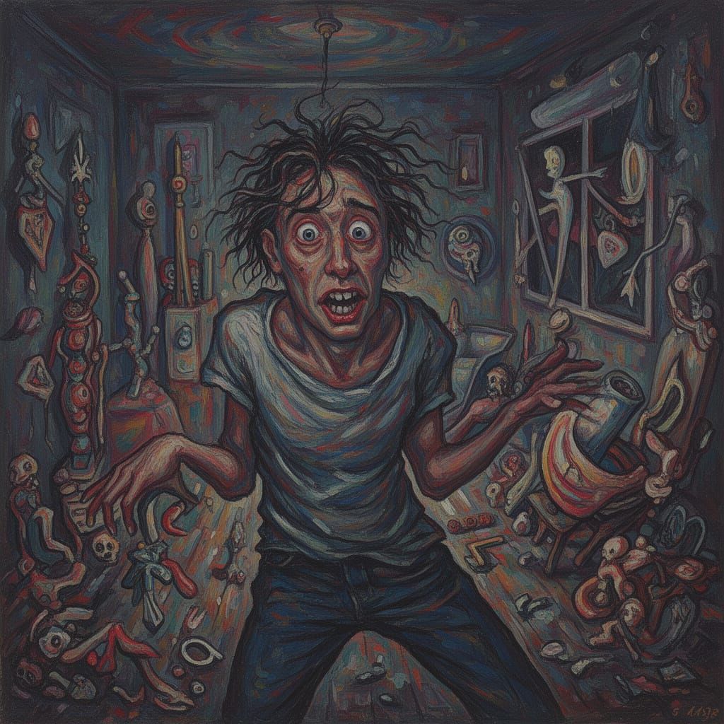 Surrealist Portrait of Chaotic Behavior in a Bizarre Room