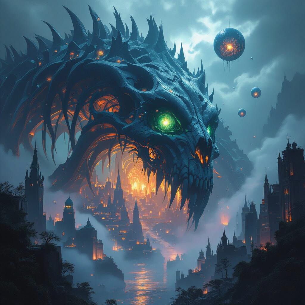 Mythical City in Giant Ribcage with Bioluminescent Flora