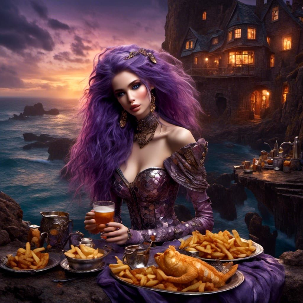 Mermaid Enjoying Fish and Chips in England