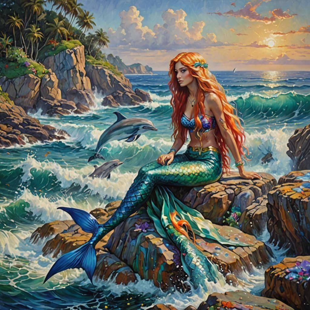 Colorful Mermaid with Dolphins: An Oil Painting