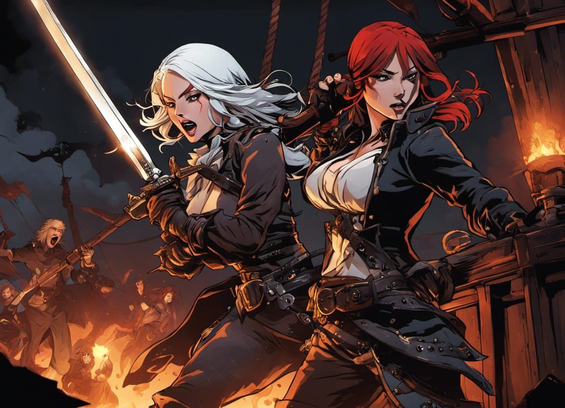 Pirate Ship Battle: Two Girls in Darkest Dungeon Style
