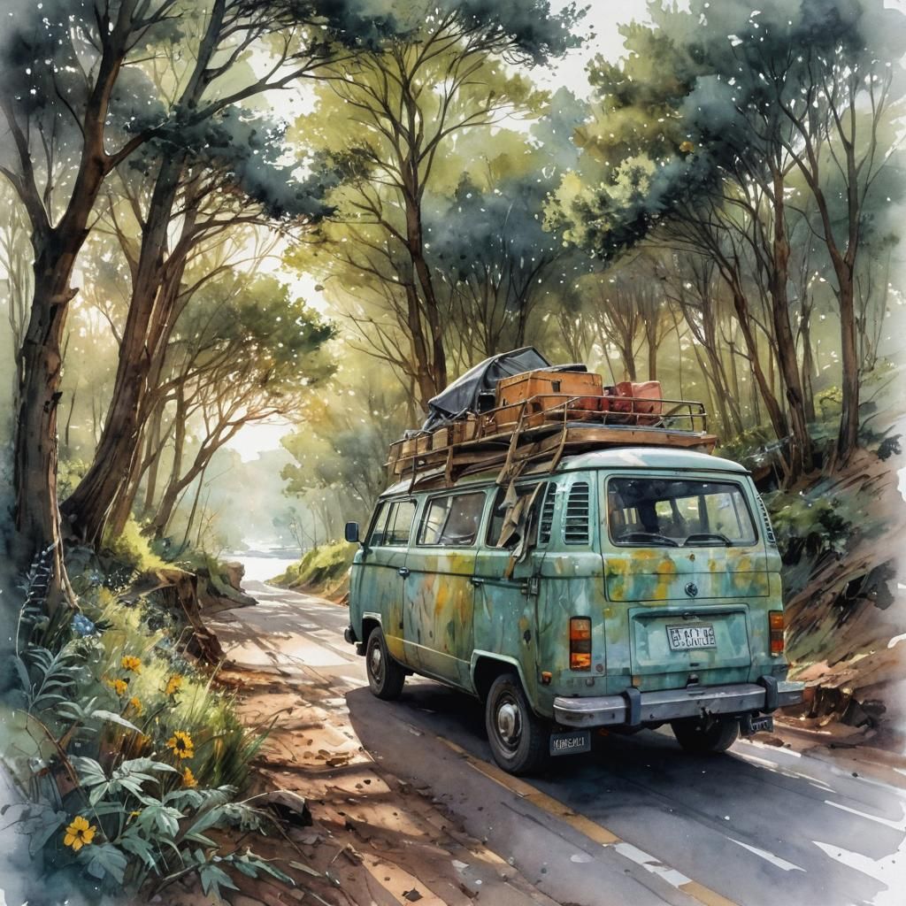 Watercolor Westfalia Van Road Trip Illustration