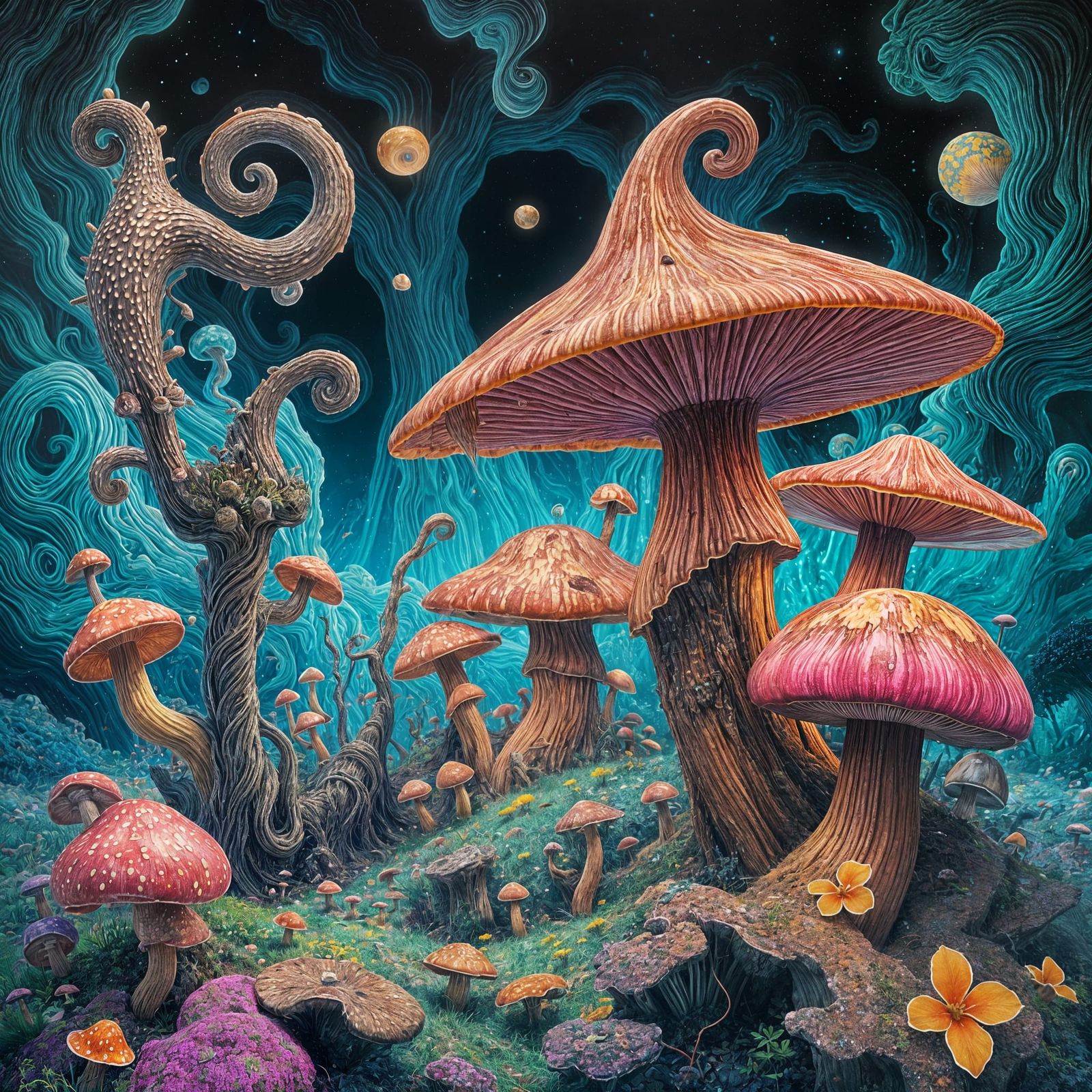 Surreal Neon Mushroom Landscape in Acid-Wash Aesthetic