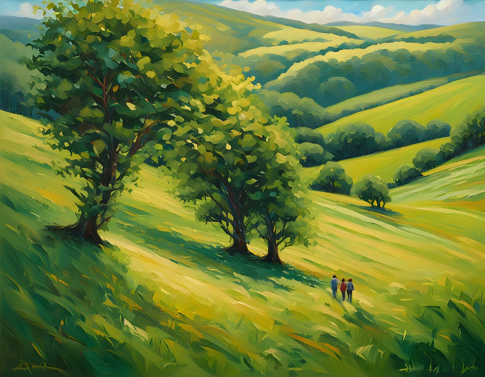 Friends in Emerald Ireland Shire Amidst Trees and Sunlight