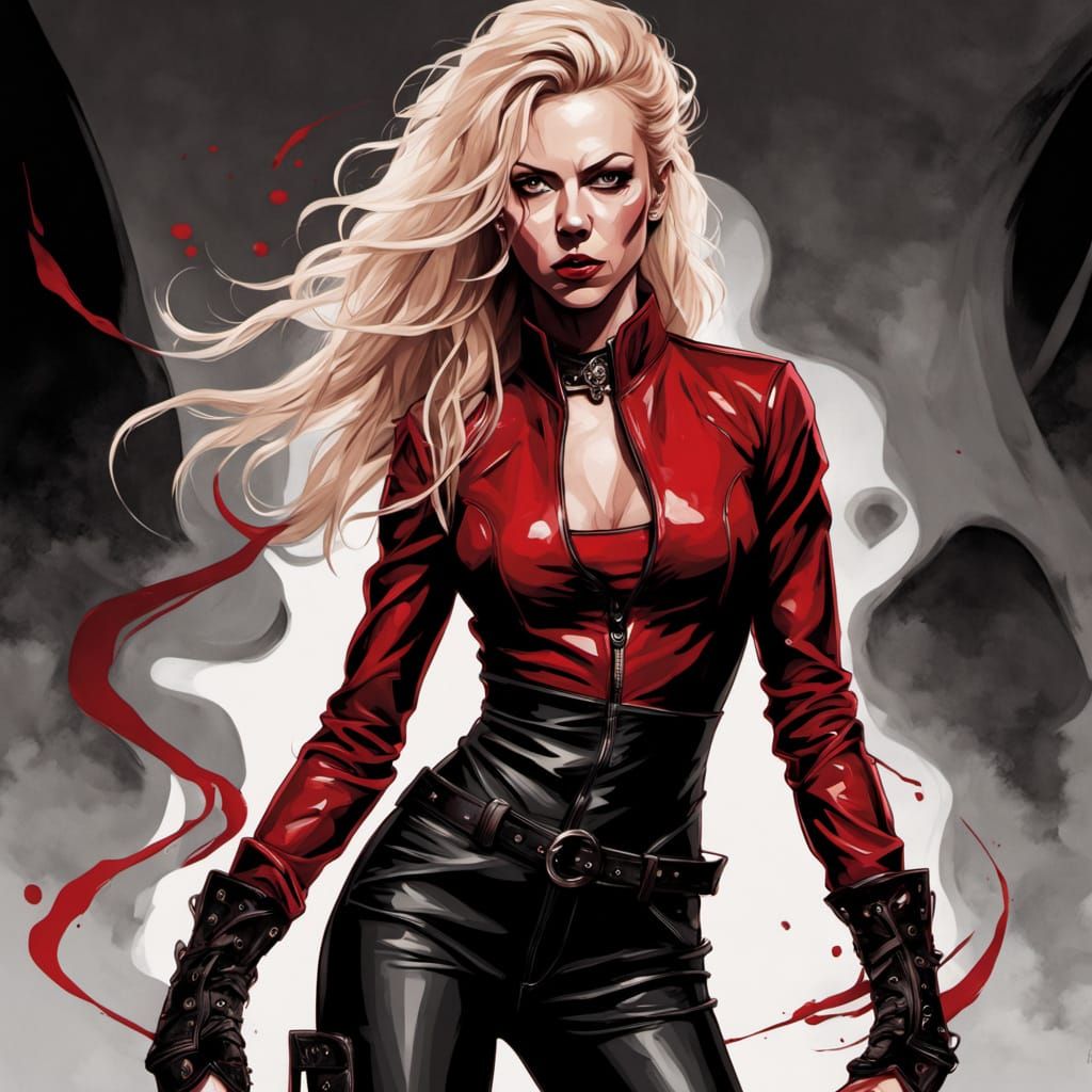 Angela Gossow Caricature in Red Jumpsuit and Combat Boots