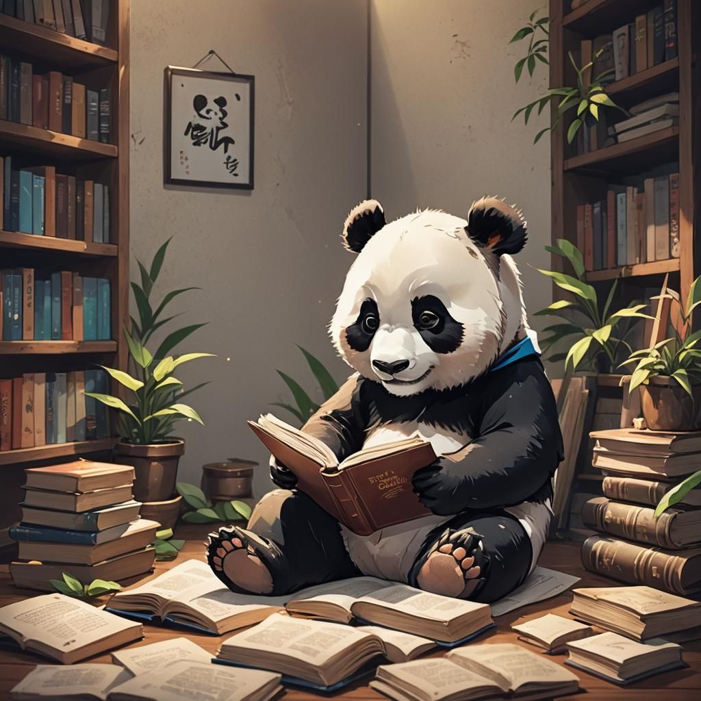 Cute Panda Reading Book in Anime Style