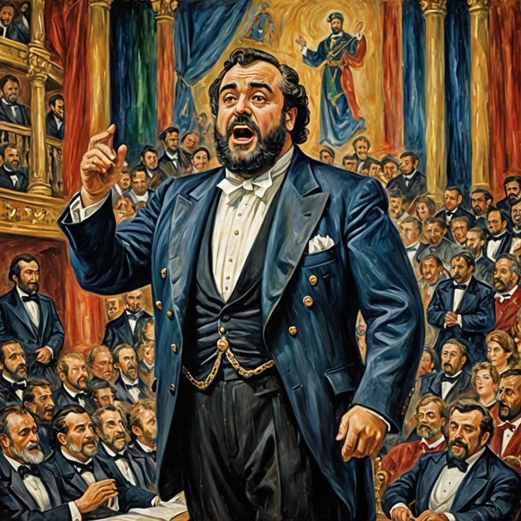 Luigi Pavarotti stands on the opera stage and sings Othello