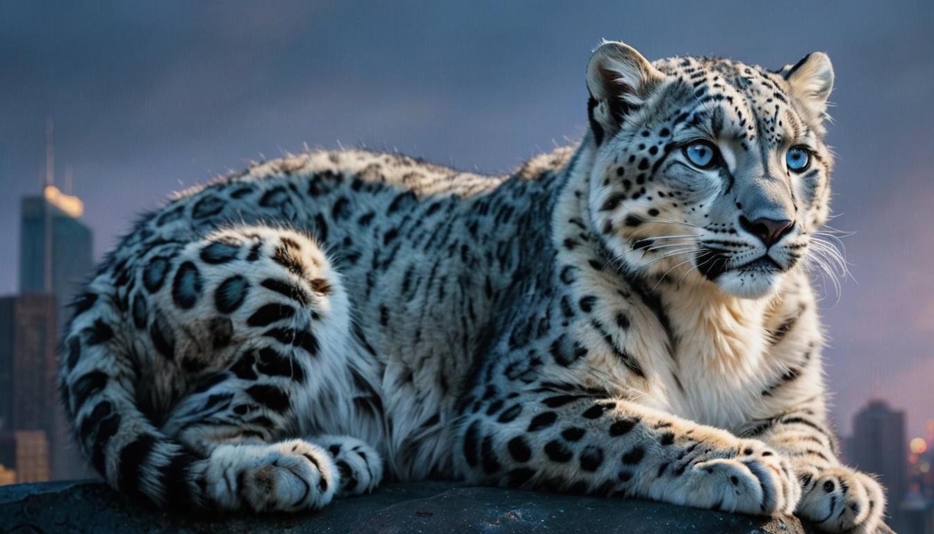 Newborn Snow Leopard on Skyscraper, Macro Photorealism