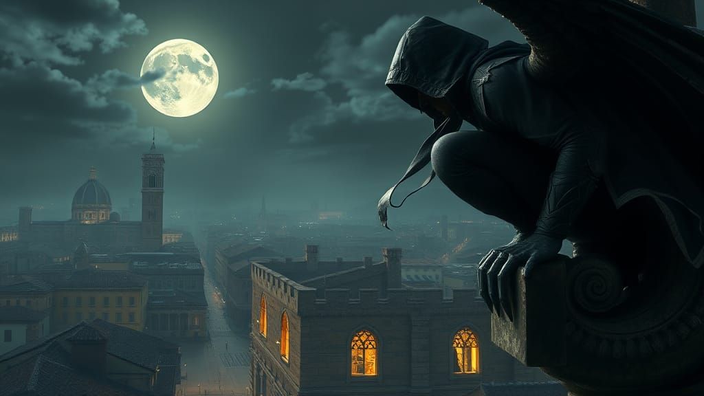 Assassin Gargoyle Perched Over Moonlit Florence