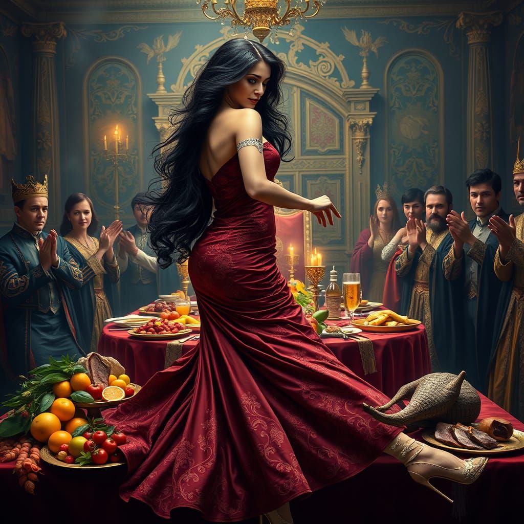 Sensual Medieval Dancer on Velvet-Draped Table