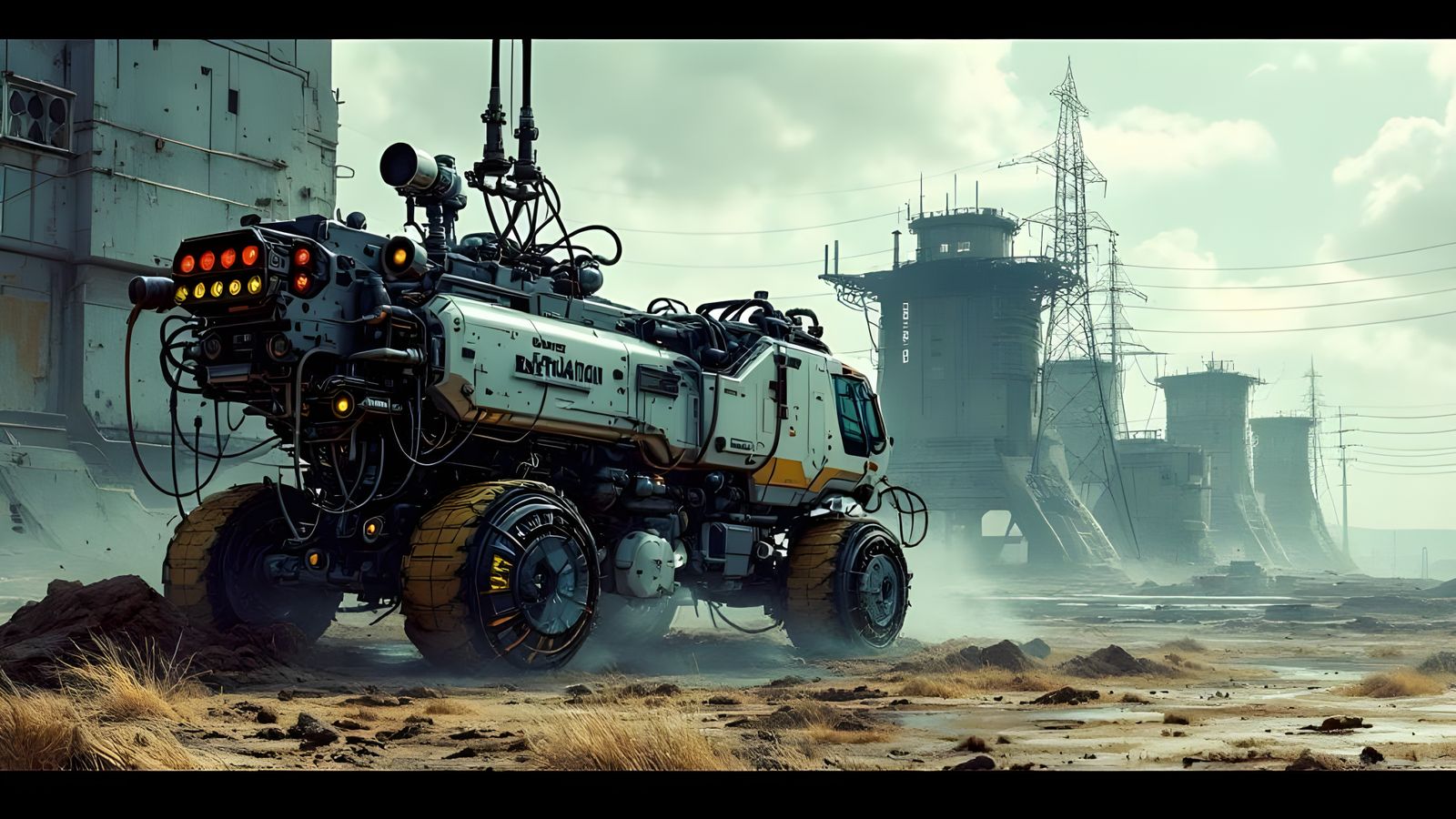 Futuristic Mechanical Vehicle at Brutalist Power Station